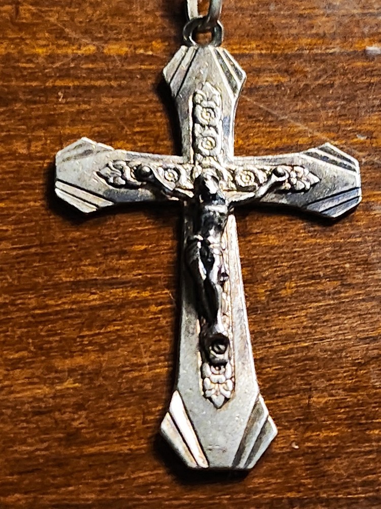 Vintage MCM Sterling Silver Hallmarked Clear Glass Rosary & Vtg Silver Plate Box