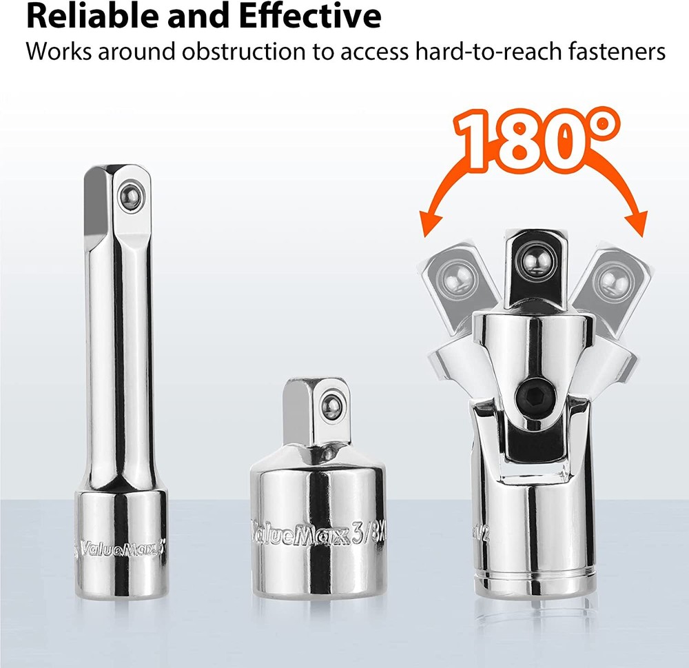 VALUEMAX 9 PCS Socket Accessory Set 3/8" Drive Extension Bar Set Chrome Plated
