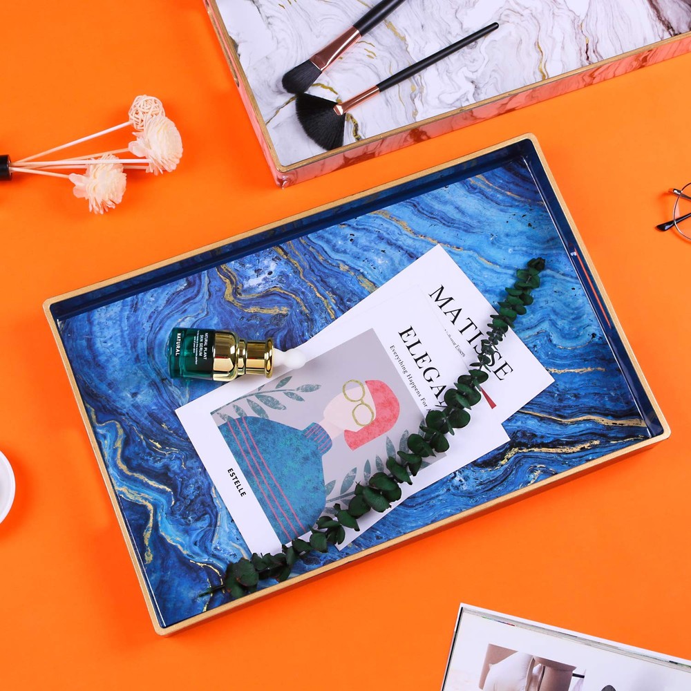 Decorative Tray Marbling Plastic Rectangular Vanity Serving 15.6x10.2 Blue