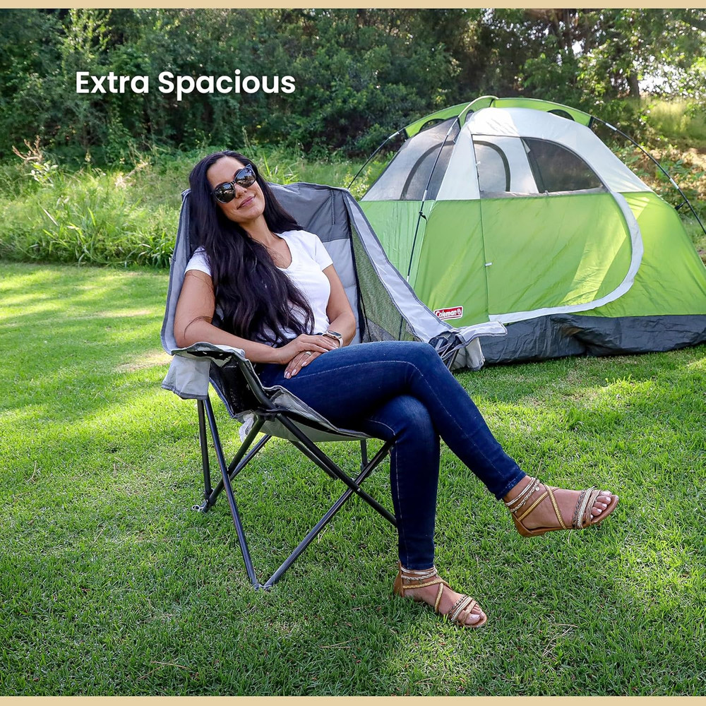 Oversized Folding Camp Chair W/Adjustable Double Sized Cup Holder, Mesh Sides, I