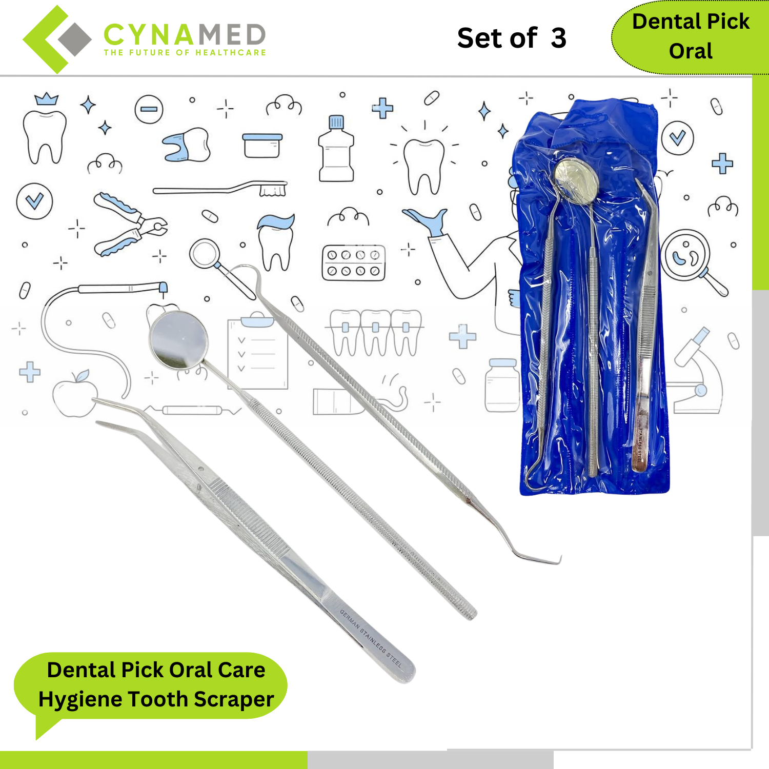 Cynamed Dental Pick Oral Care Hygiene Tooth Scraper Tartar Tools Kit Set of 3