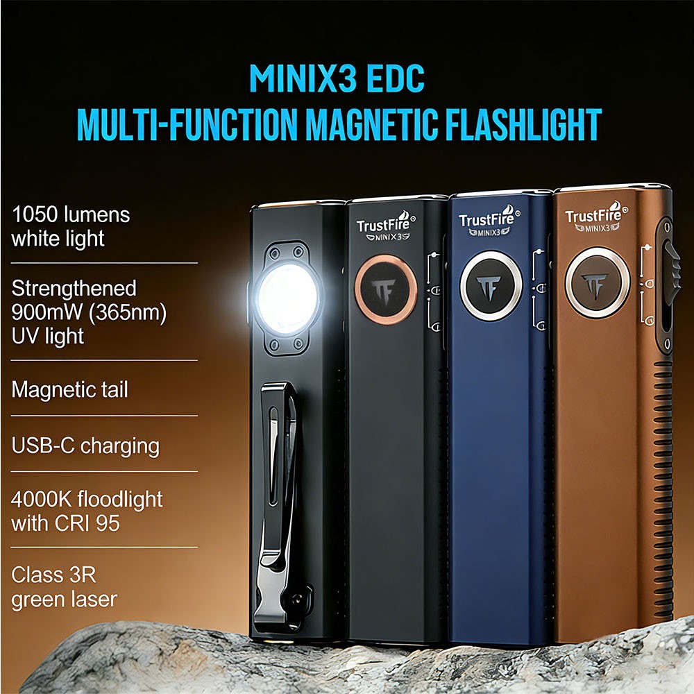 Trustfire MINI-X3 EDC 1050LM LED Flashlight Magnetic W UV Light Green Pointer
