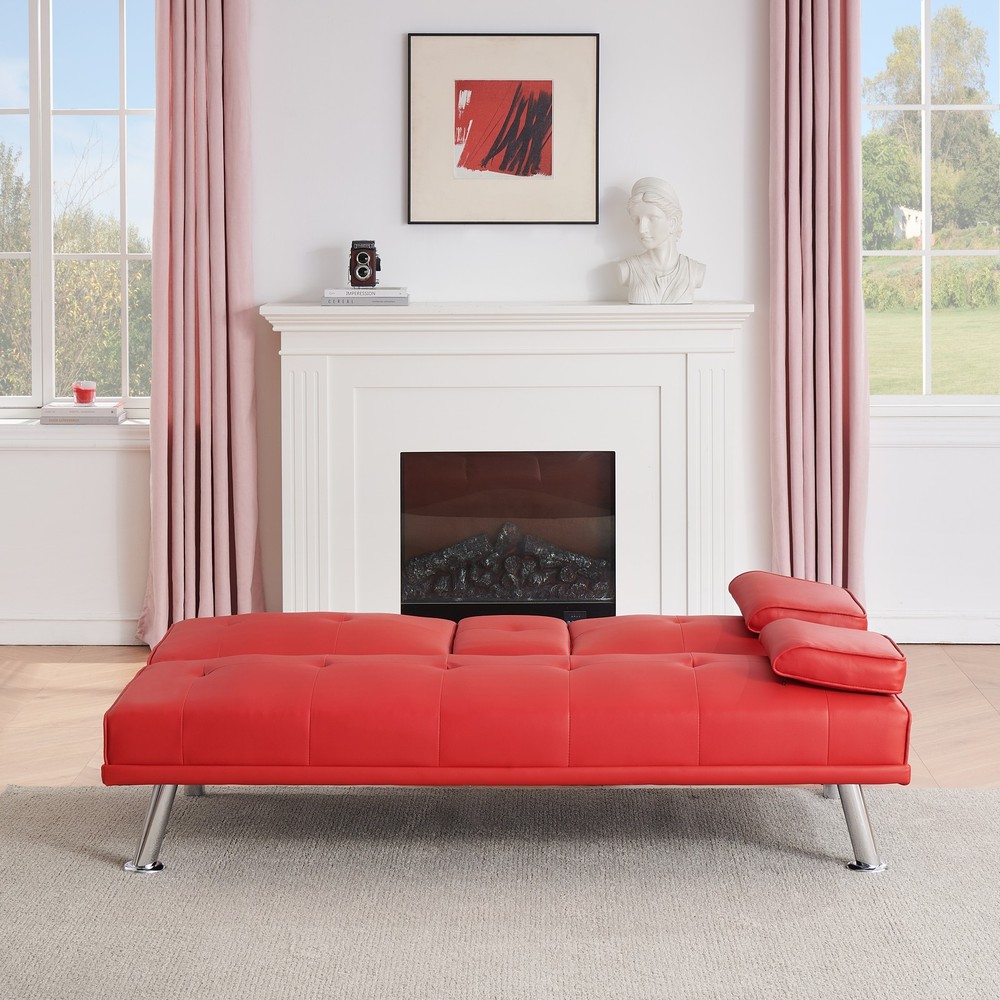 67-inch Red Leather Multifunctional Double Folding Sofa Bed with Coffee Table