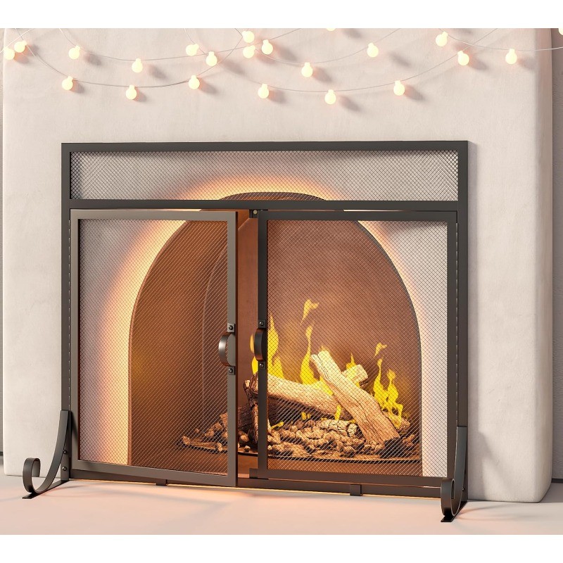 Screen with Doors,Solid Wrought Iron Frame with Metal Mesh,Flat Panel Decorative