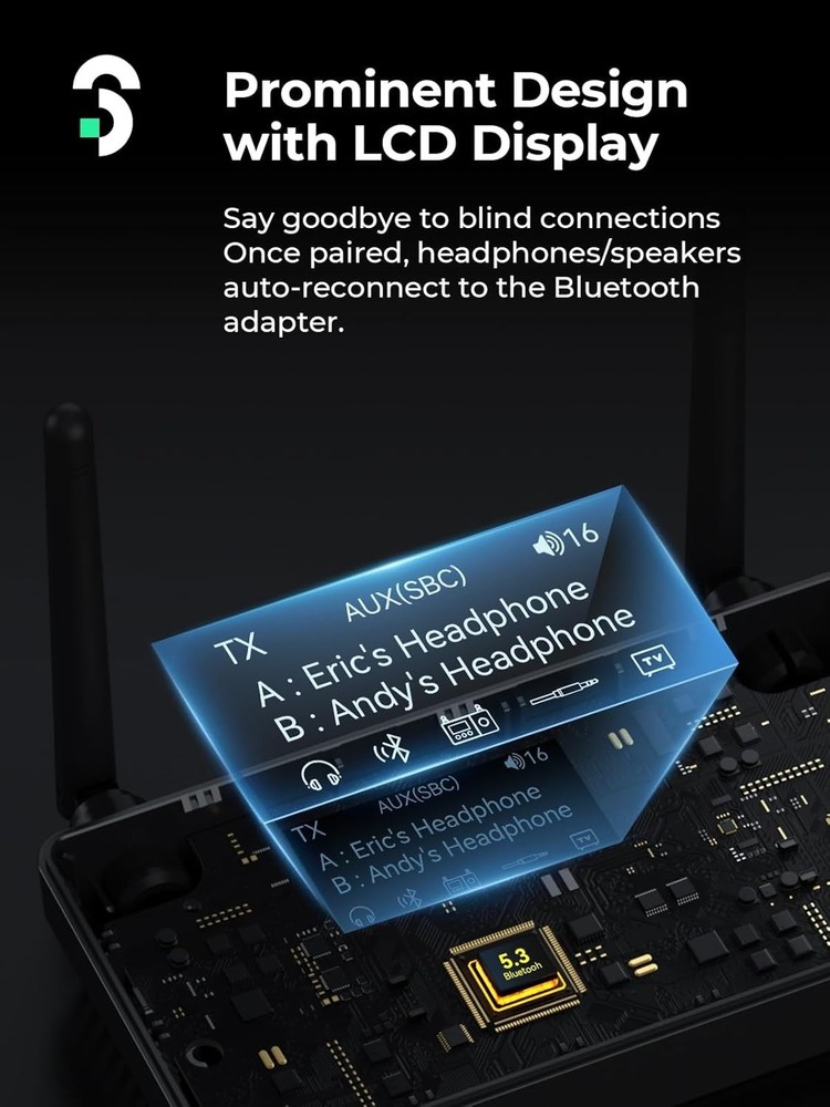 SOOMFON Dual Antenna Bluetooth Transmitter for TV Bluetooth 5.3 Receiver 3-in-1