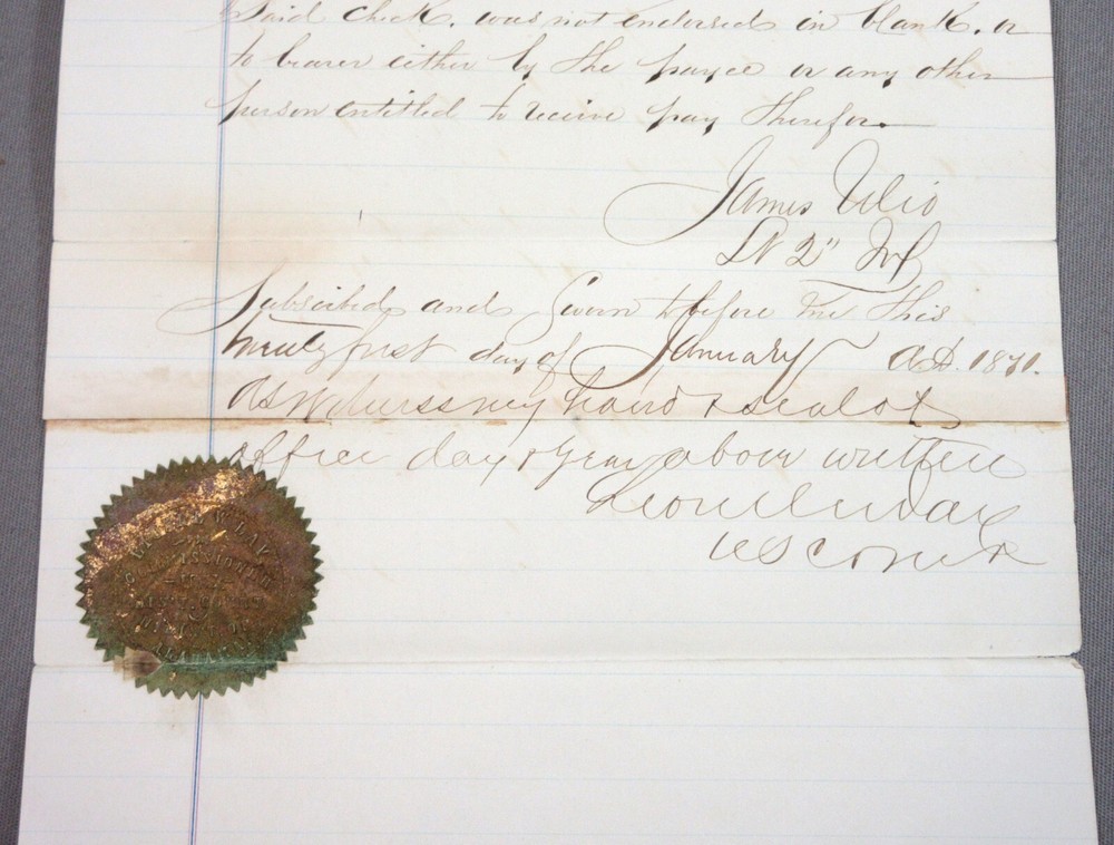 1871 Affidavit Concerning a Check From Paymaster Never Received - Madison, AL.