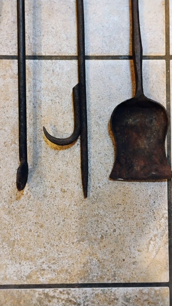 Antique Primitive Wrought Iron Fireplace Tool Set