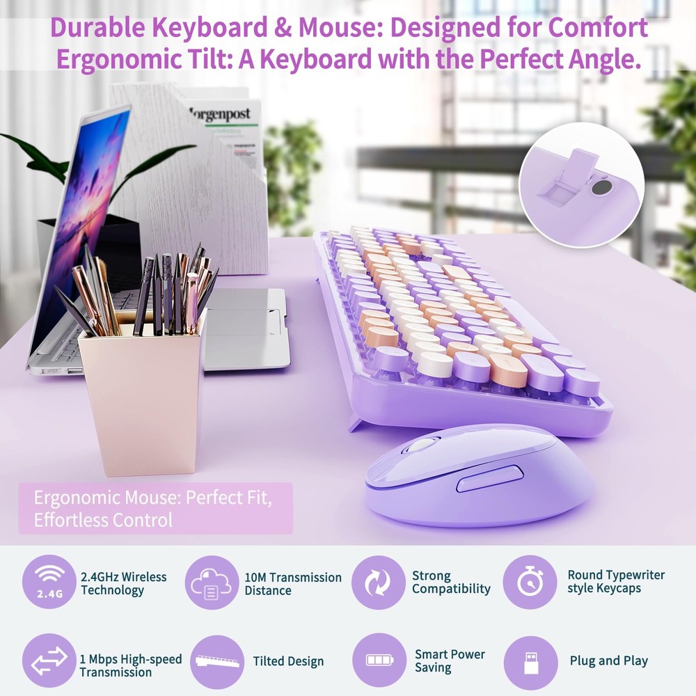 Wireless Keyboard and Mouse Combo, Retro Typewriter Keyboard with Round Keyca...