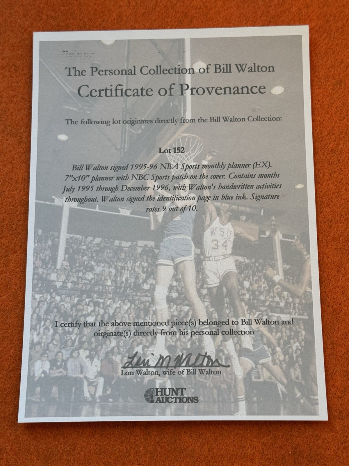 Bill Walton Personally Owned & Signed 1995-1996 NBA Sports Monthly Planner NBC