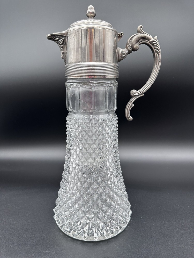 Vtg Large Pressed Glass Claret Jug With Insert Silver Plate Collar And Handle