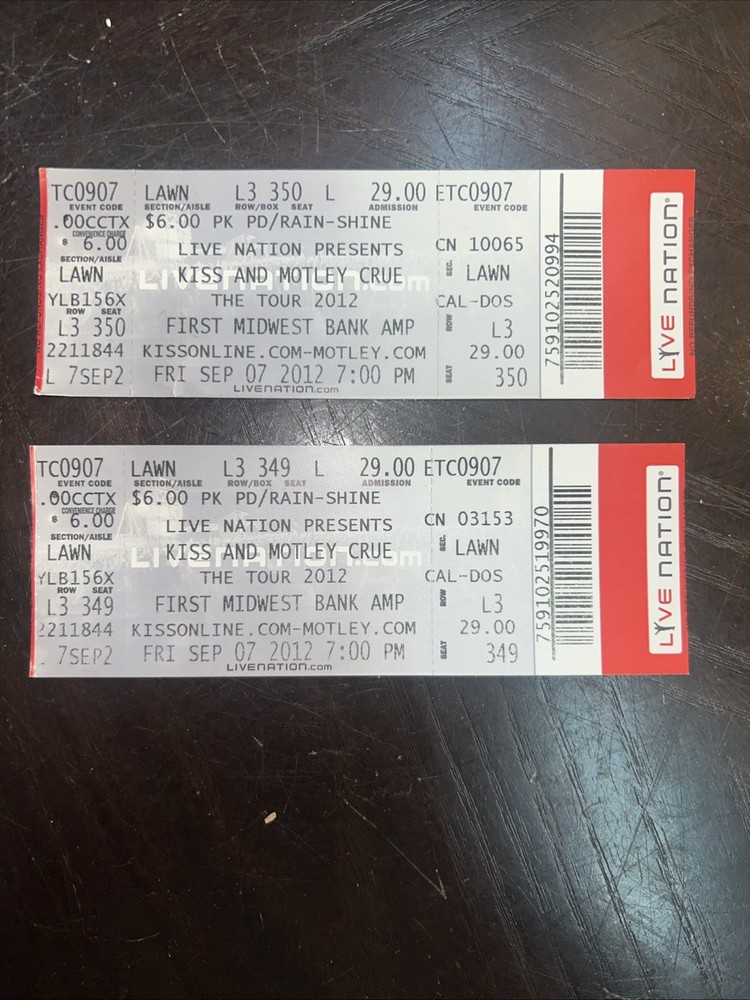 KISS / MOTLEY CRUE Full Ticket Stub Sept 7 2012, Concert Tour 2012