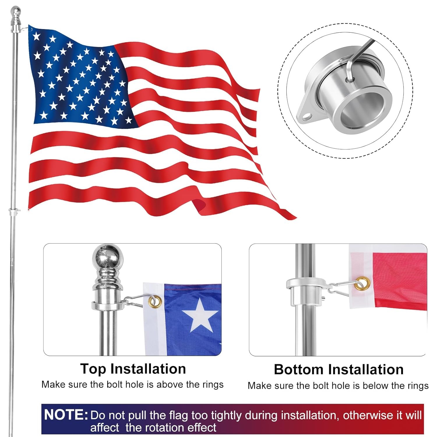 Bearing Steel Ball Flag Pole Rings, Tangle Free Aluminum Alloy Flag Pole Spinner