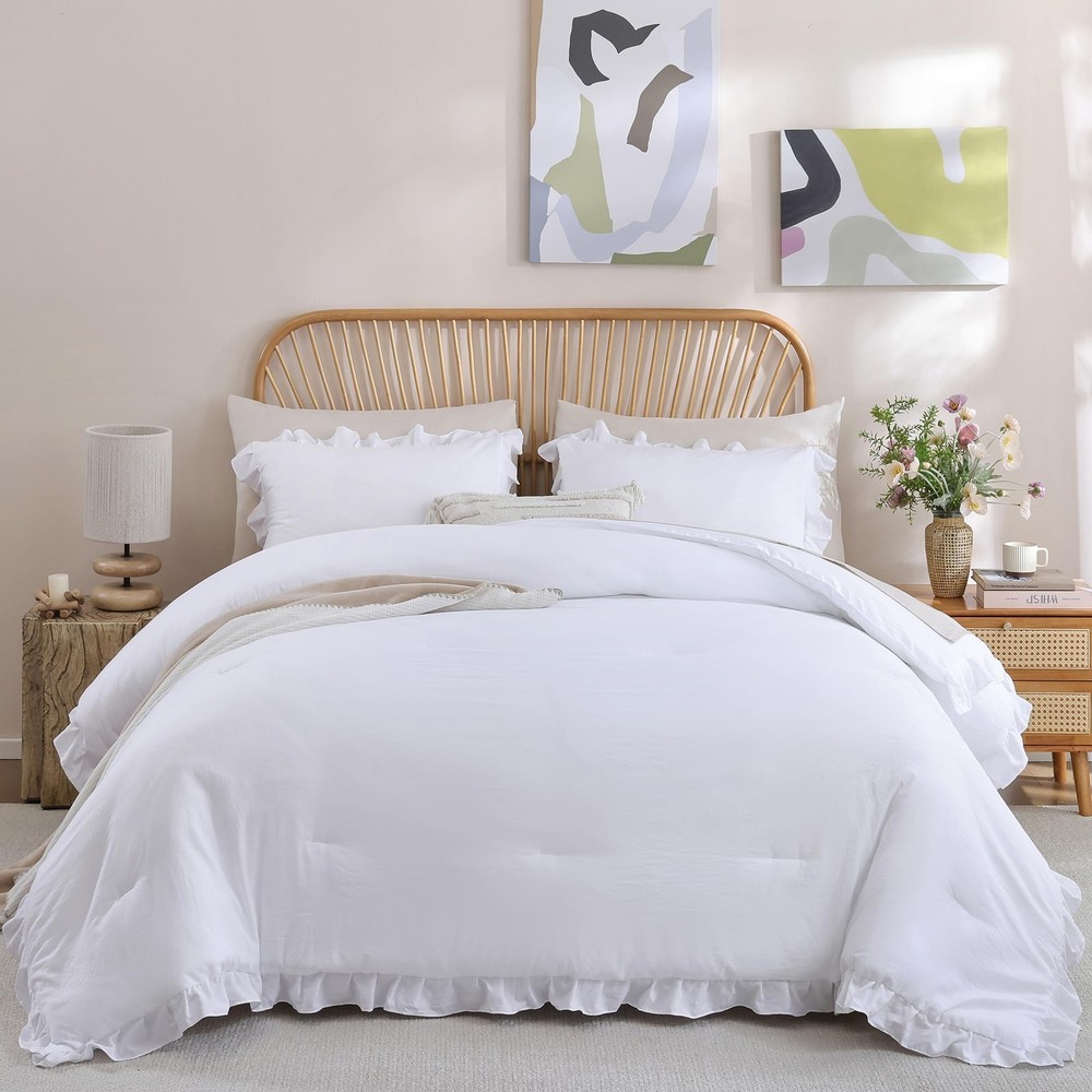 JANZAA Twin Comforter Set White Ruffled Twin,