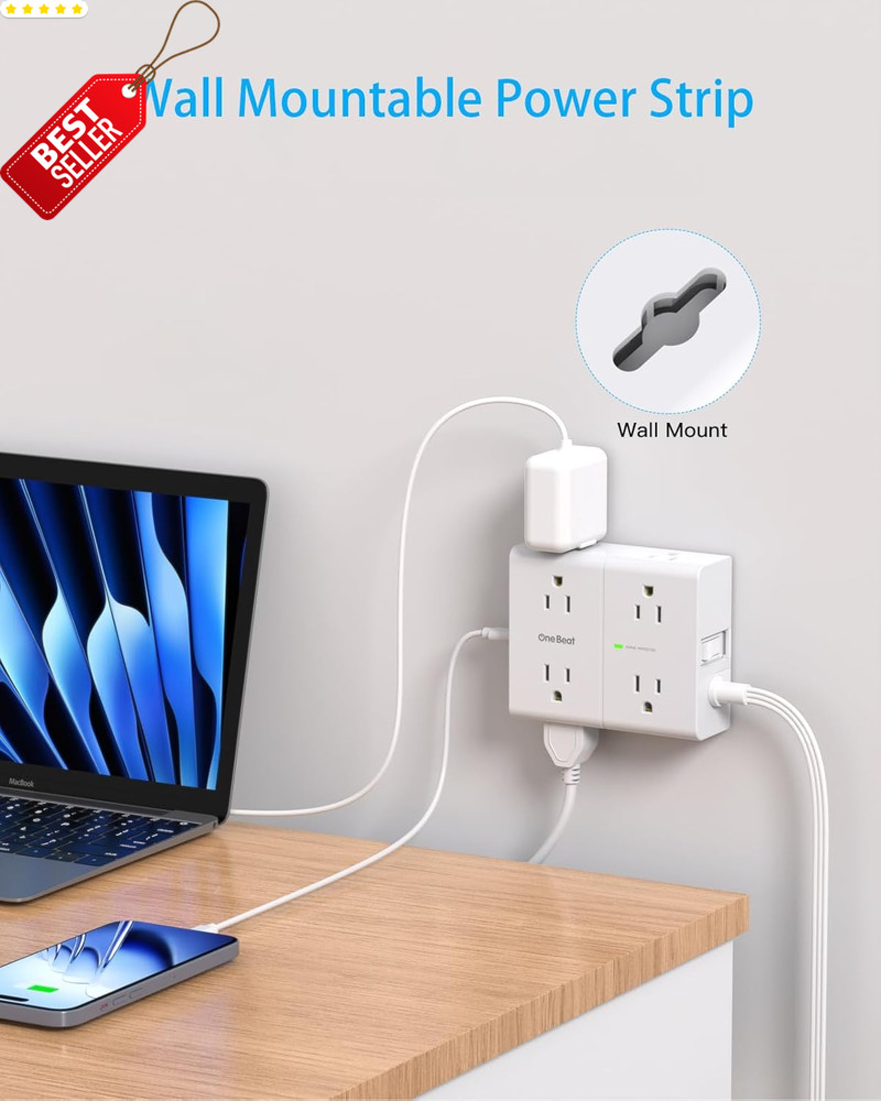 10FT Surge Protector Power Strip 8 Outlets 4 USB (2 C) Flat Plug 900J - US