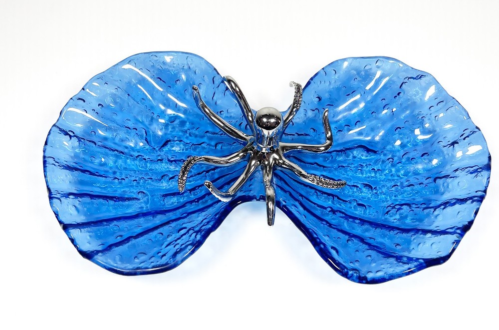 Mudpie Silver Octopus Blue Shell Shaped Glass Appetizer Dish Platter