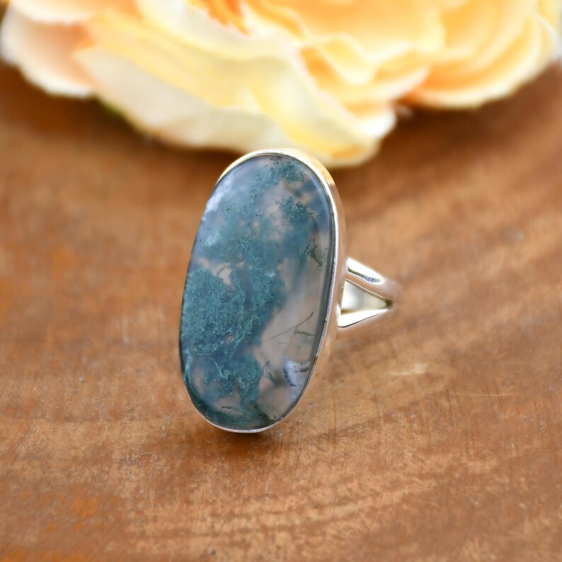 Solid 925 Sterling Silver Natural Moss Agate Large Oval Gemstone Handmade Ring