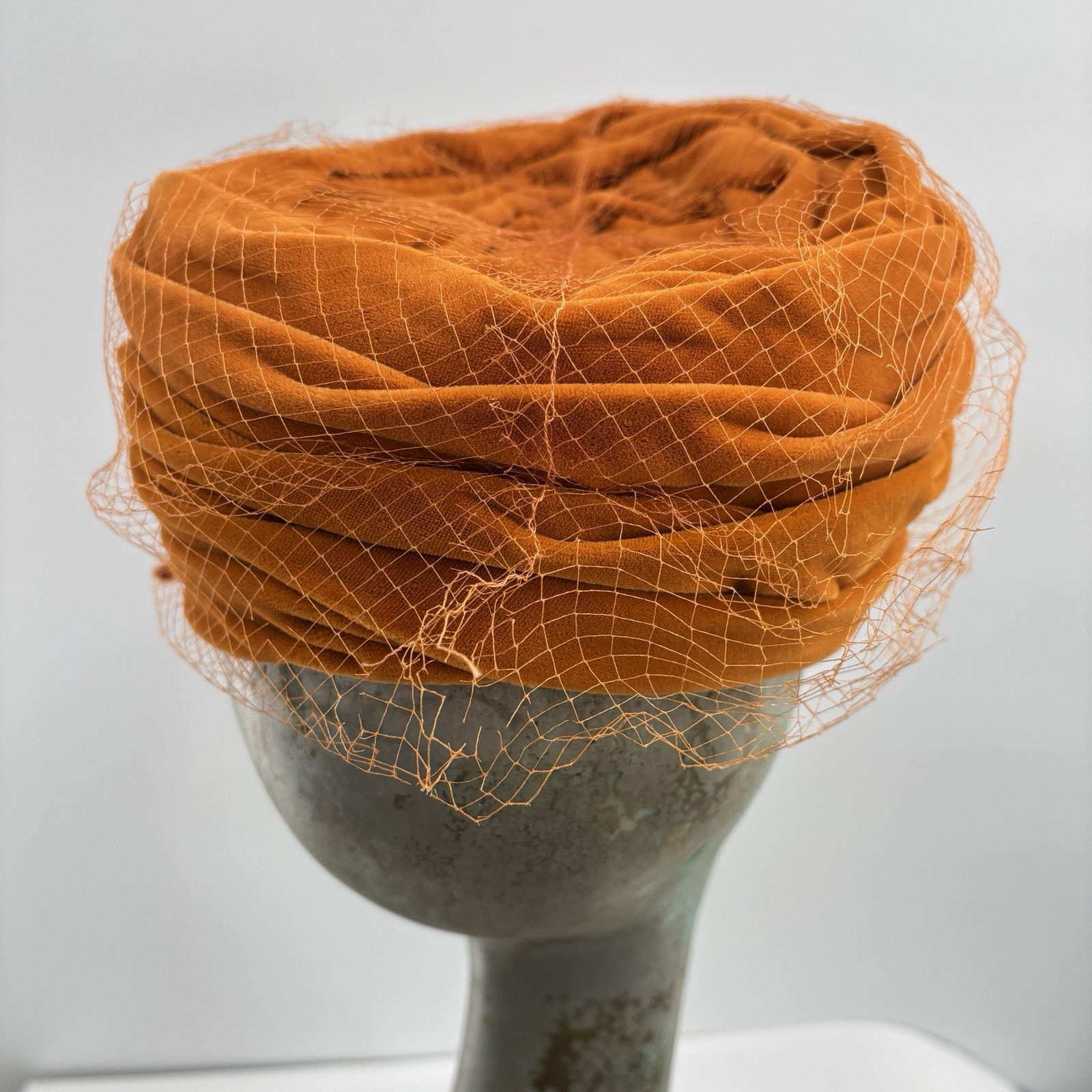 Vtg 60s Lucile Mendez Orange Velvet Hat Veil Pillbox Cocktail Mod Turban