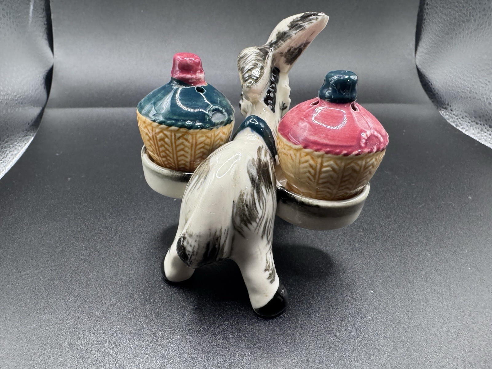 Vintage MCM 1960s Donkey Novelty Ceramic Kitschy Salt Pepper Shakers with Caddy