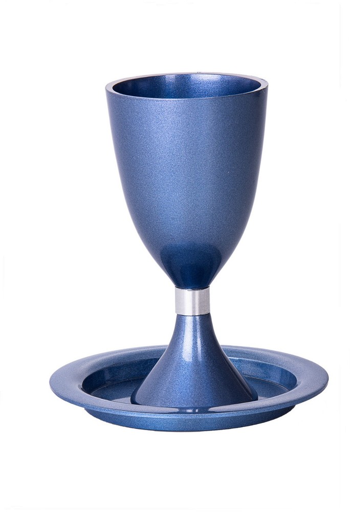 Blue Kiddush Cup With Stem 4.75" Tall With Tray