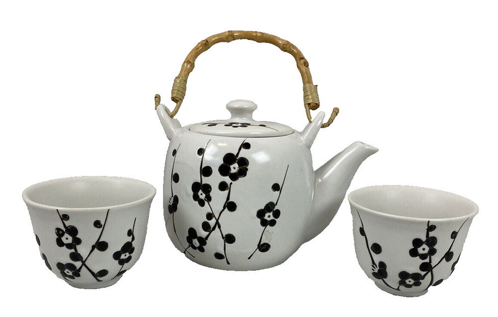 White Ceramic Teapot w Black Flowers & Two Cups Wicker Handle  EUC
