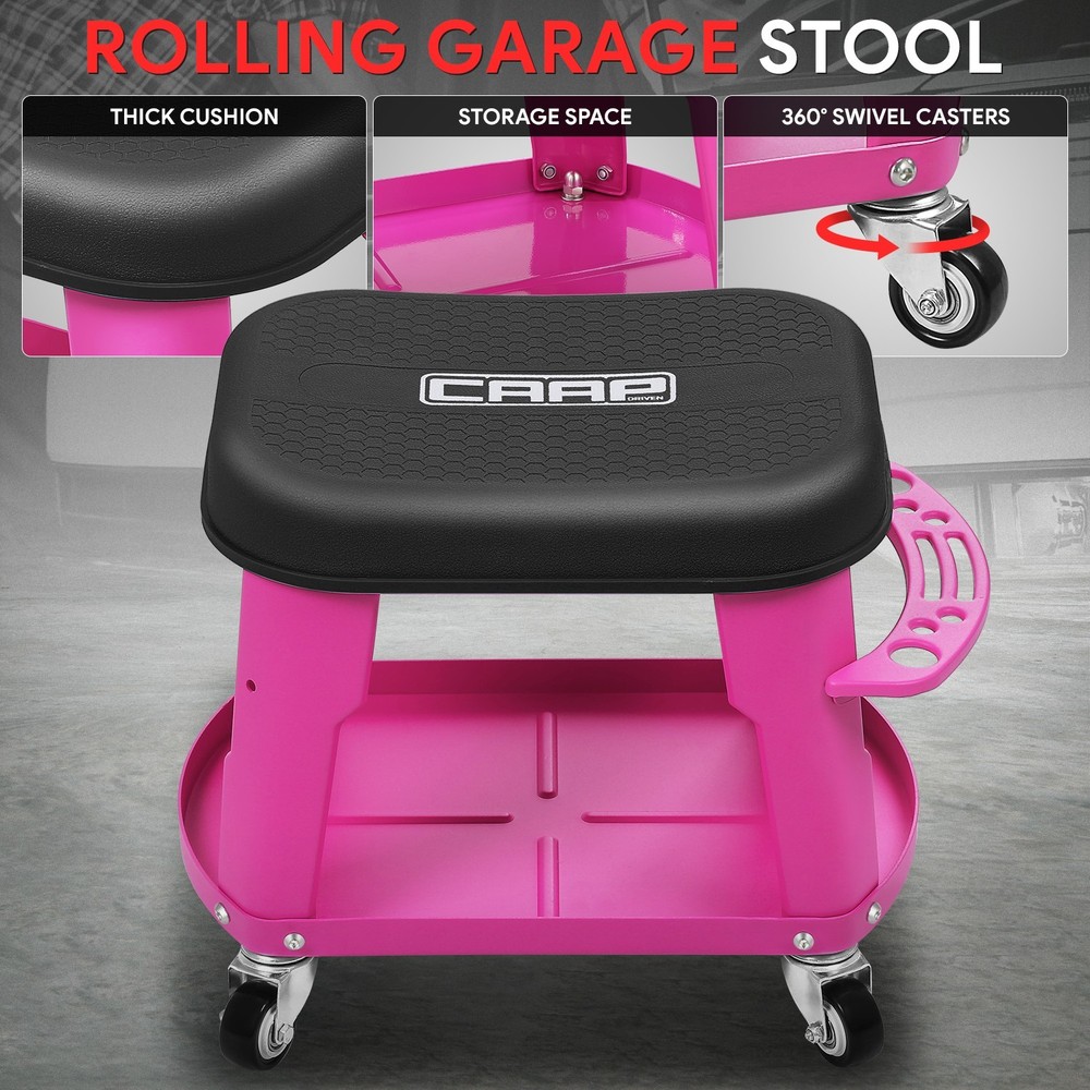 Removable Mechanic Stool Rolling Workshop Mobile Seat w/ Storage Tray Purple