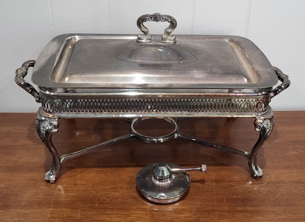 Vintage Silver Plated Casserole Chaffing Dish Server Pyrex Insert Sterno Heater