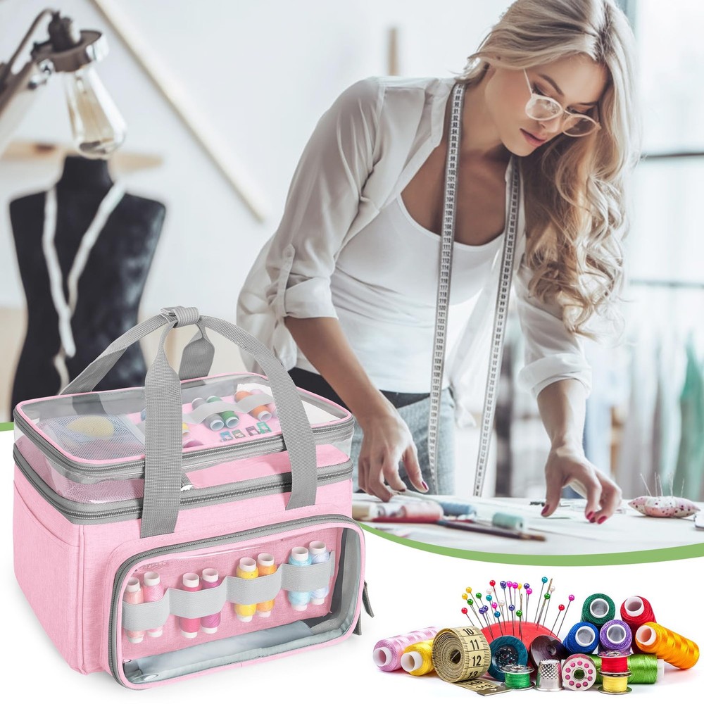 Double-Layer Sewing Storage Organizer with Transparent Compartment, Large Sew...