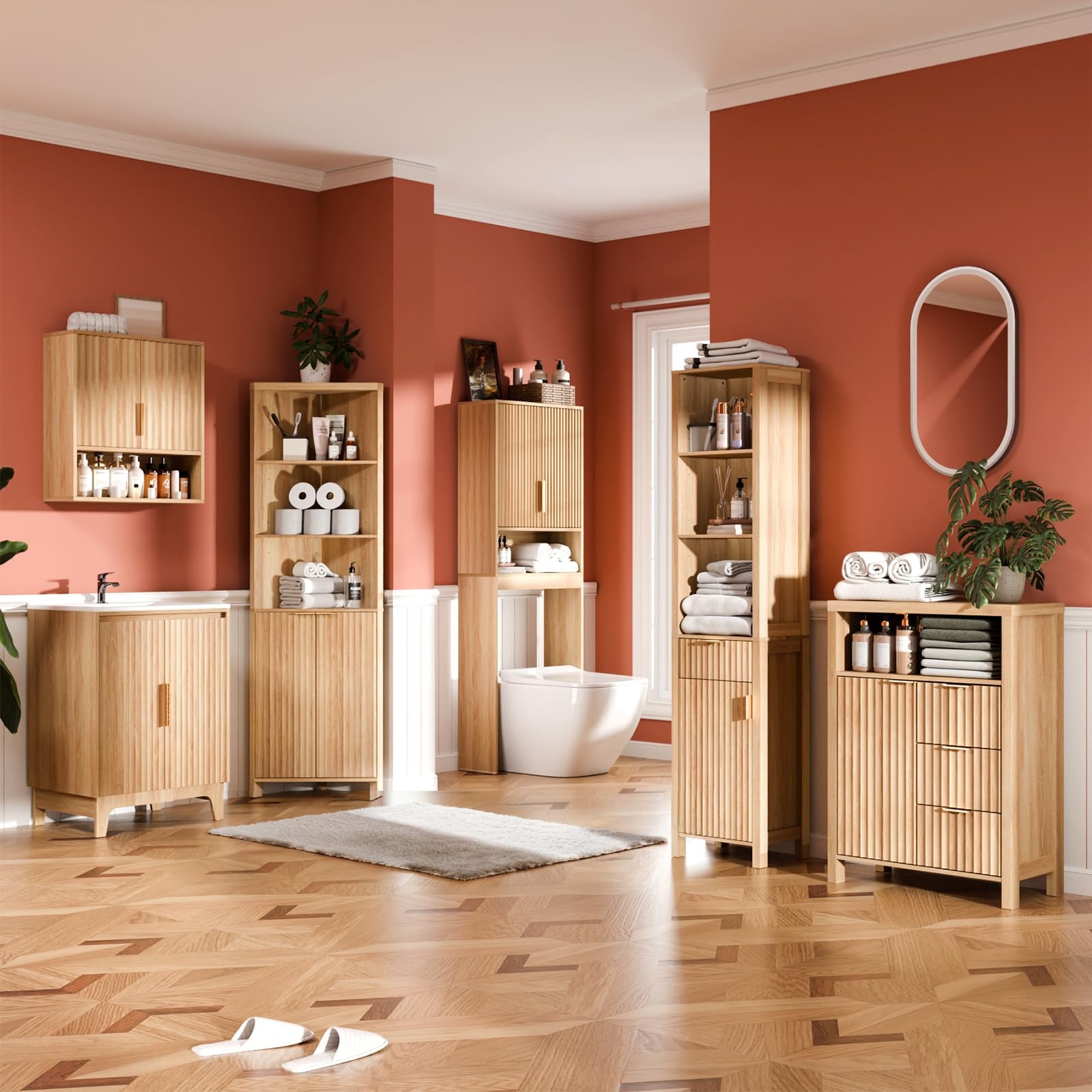 Tall Corner Cabinet with Fluted Doors, 68" Oak Corner Storage Cabinet