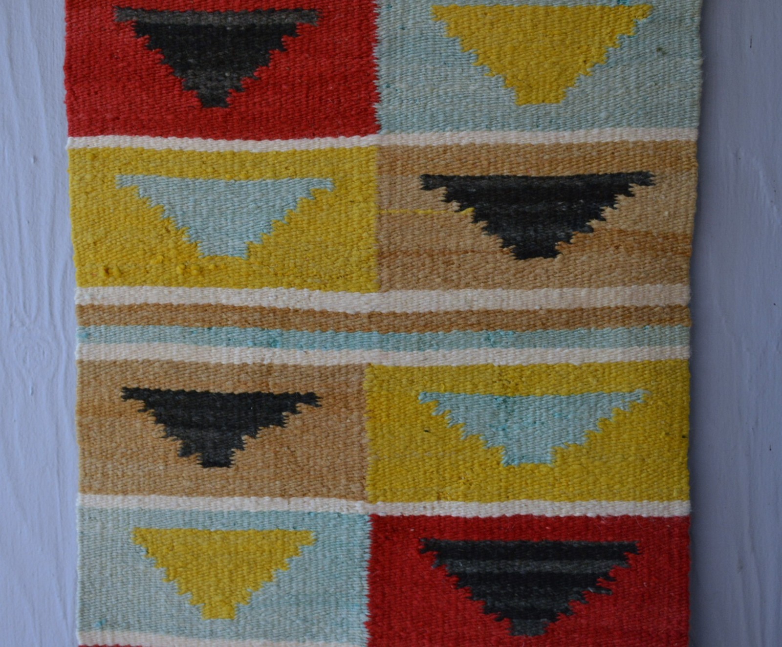 Unique Old Navajo Rug - Optical Design in Turquoise Yellow Red Black - 39" x 19"