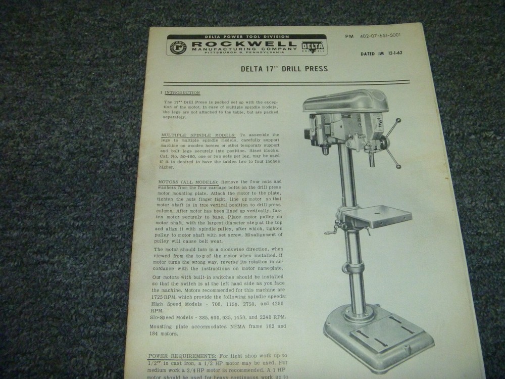 Rockwell Delta 17" Drill Press Assembly & Owner Operator Manual