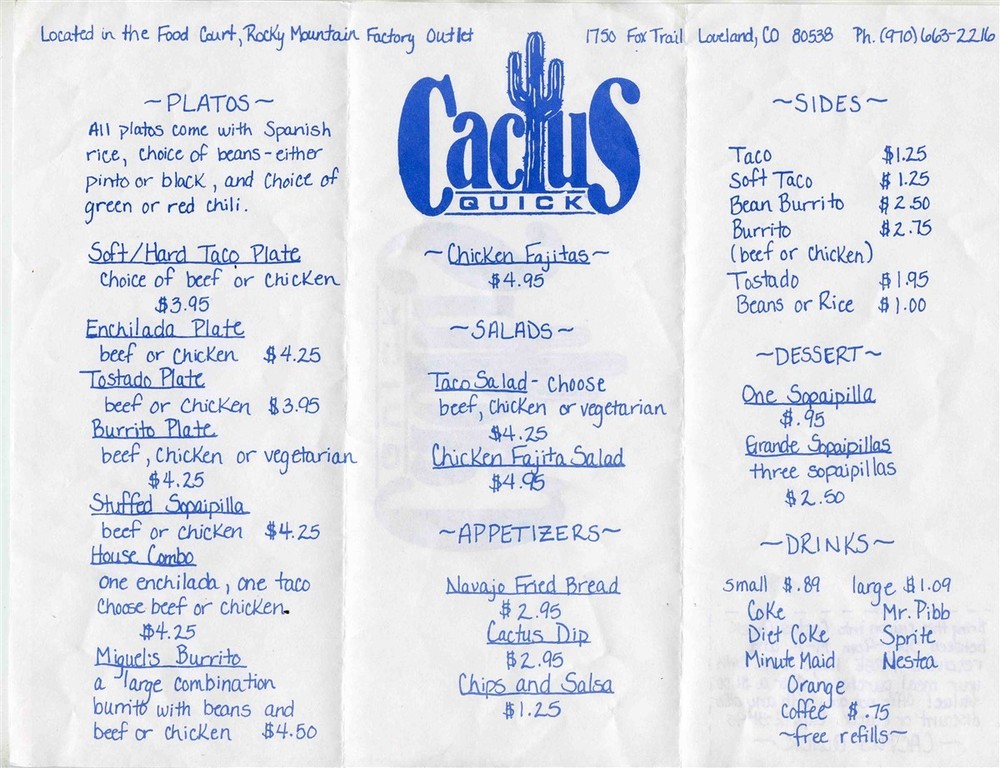 Cactus Quick Menu Loveland Colorado 1995