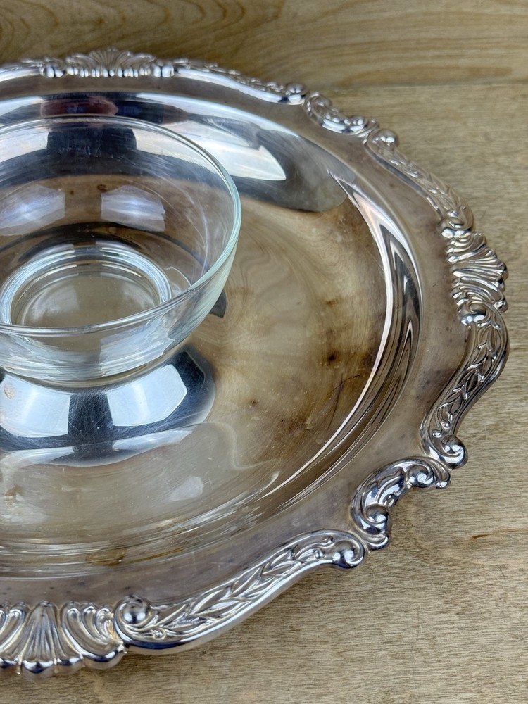 Vintage Sheridan Taunton Silver Plate Serving Tray Glass Bowl Chip n Dip 343