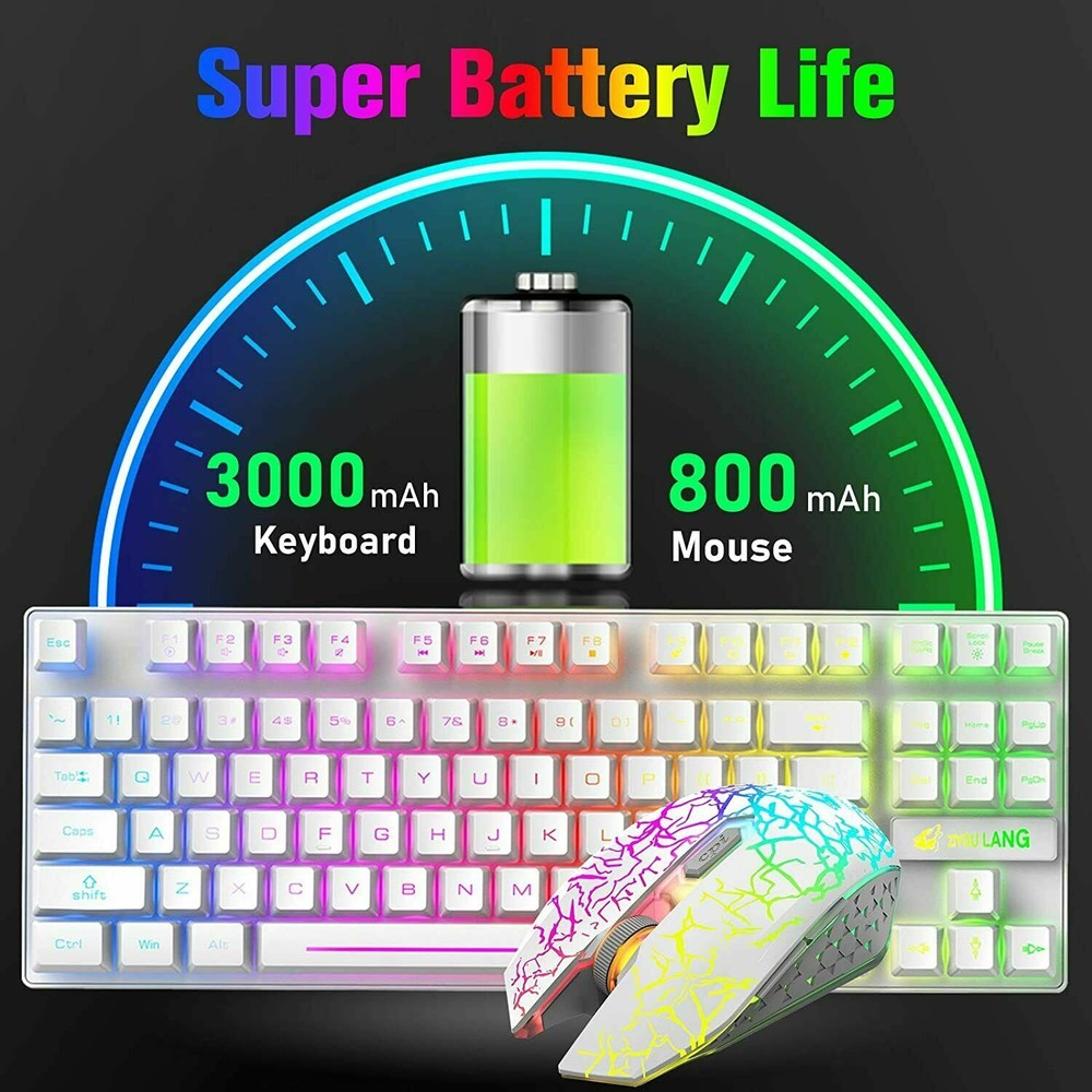 US Rechargeable Wireless Gaming Keyboard Mouse Combo 87 Key Rainbow LED Backlit