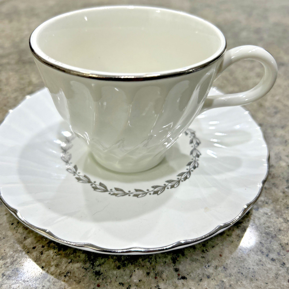 Swirl Pattern Coffee Cup & Saucer Platinum Trim Unbranded
