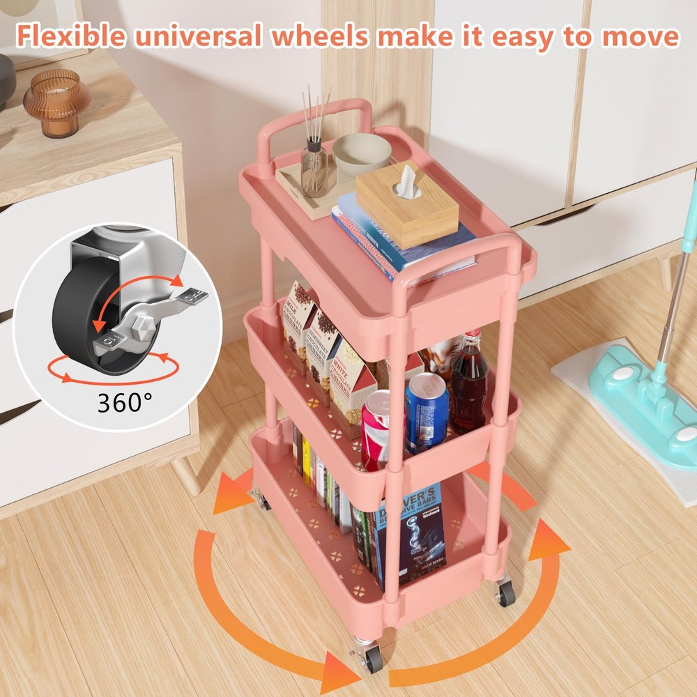 3-Tier Rolling Utility Cart with Drawer,Multifunctional Storage Organizer wit...