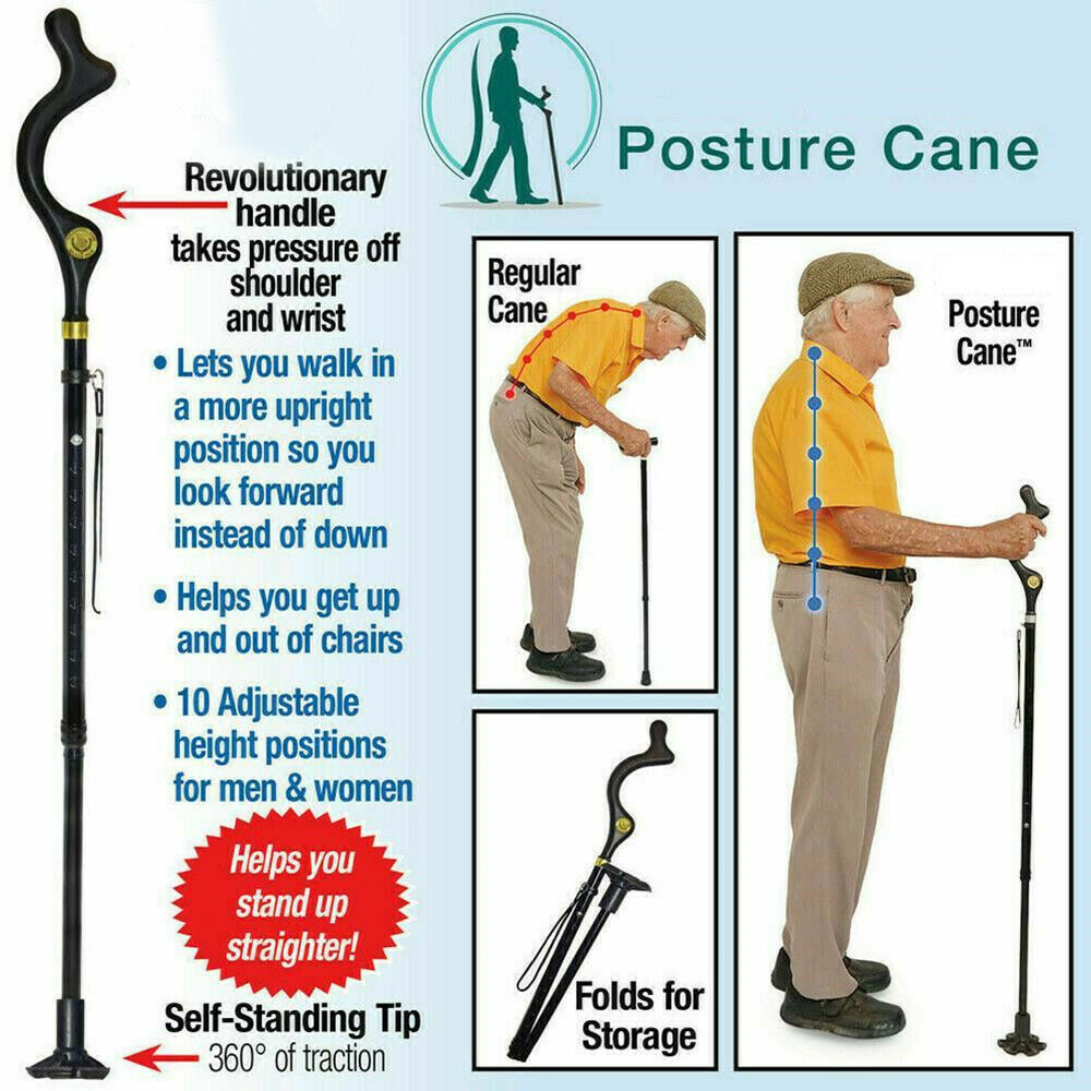 Folding Walking Stick Elder Posture Straight Cane Retractable Adjustable Height