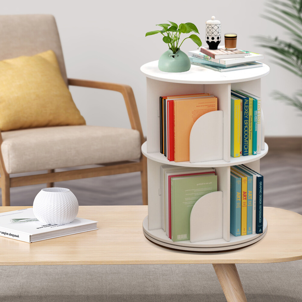 2-Tier Floor Rotating Bookshelf Standing Bookcase Storage Rack 360 Display US