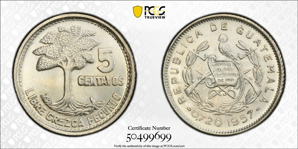 PCGS MS66 Guatemala 5 Centavos 1957 *Top Pop*