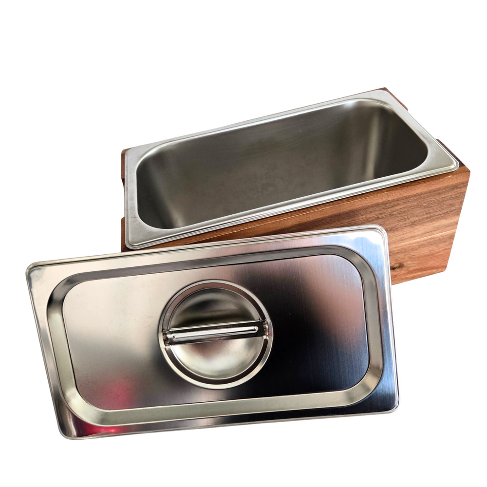 Solid Cedar Box Buffet Server Stand and 1/3 sz Stainless Hotel Pan & Lid, 6" H