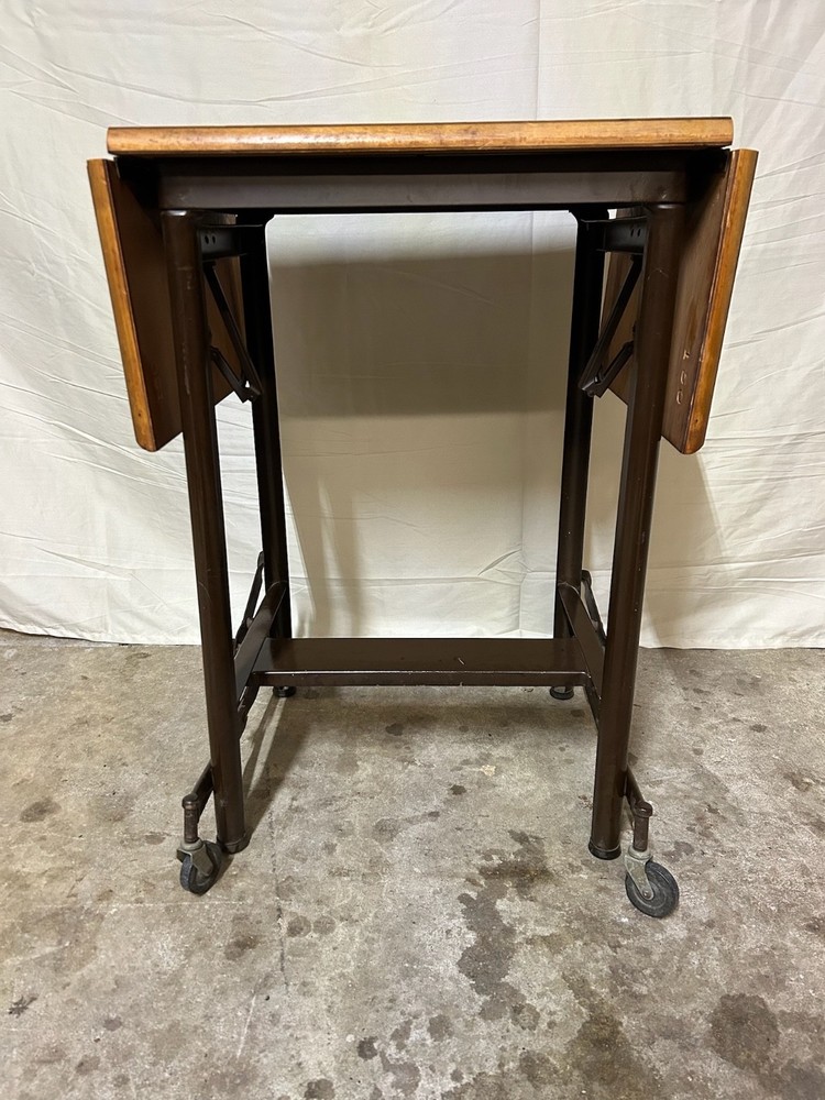 Unique rustic industrial steampunk drop leaf utility table, steel base