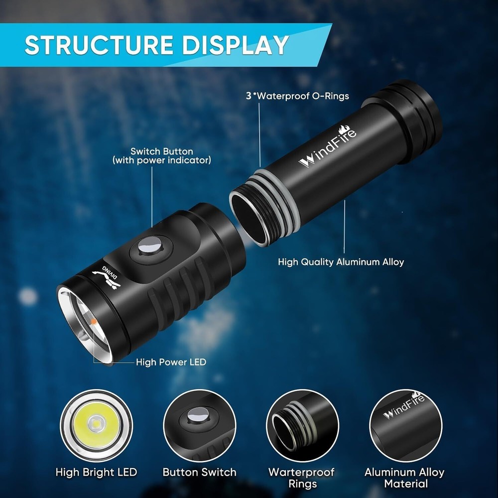 Dive Light Scuba Diving Flashlight, Super Bright Rechargeable Waterproof Torch