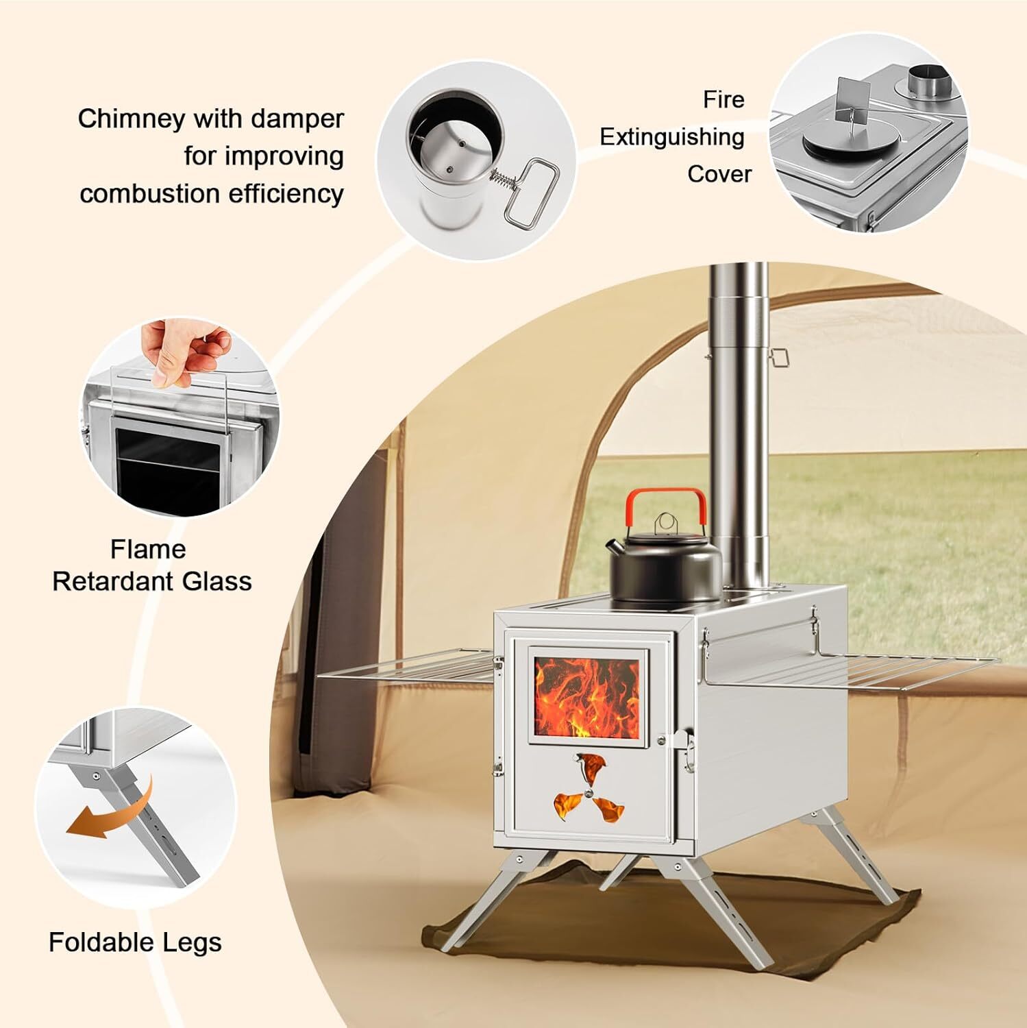 SLSY Portable Wood Stove Camping Hot Tent BBQ Stove 83 in with 7 Chimney Pipes