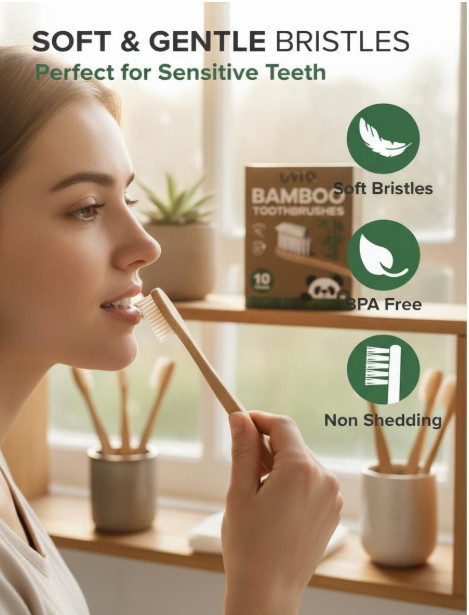 Bamboo Toothbrushes 10 Pack Biodegradable Soft Medium Charcoal Bristles