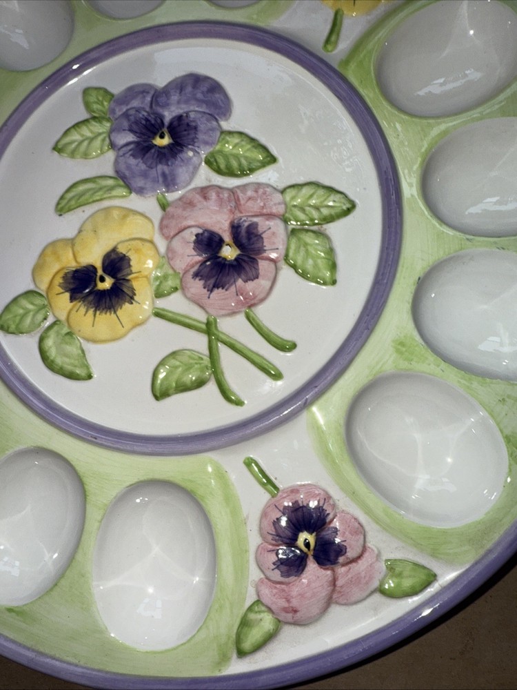 Vtg Papel Pretty As A Pansy Deviled Egg Platter! Handpainted! Easter! 12”