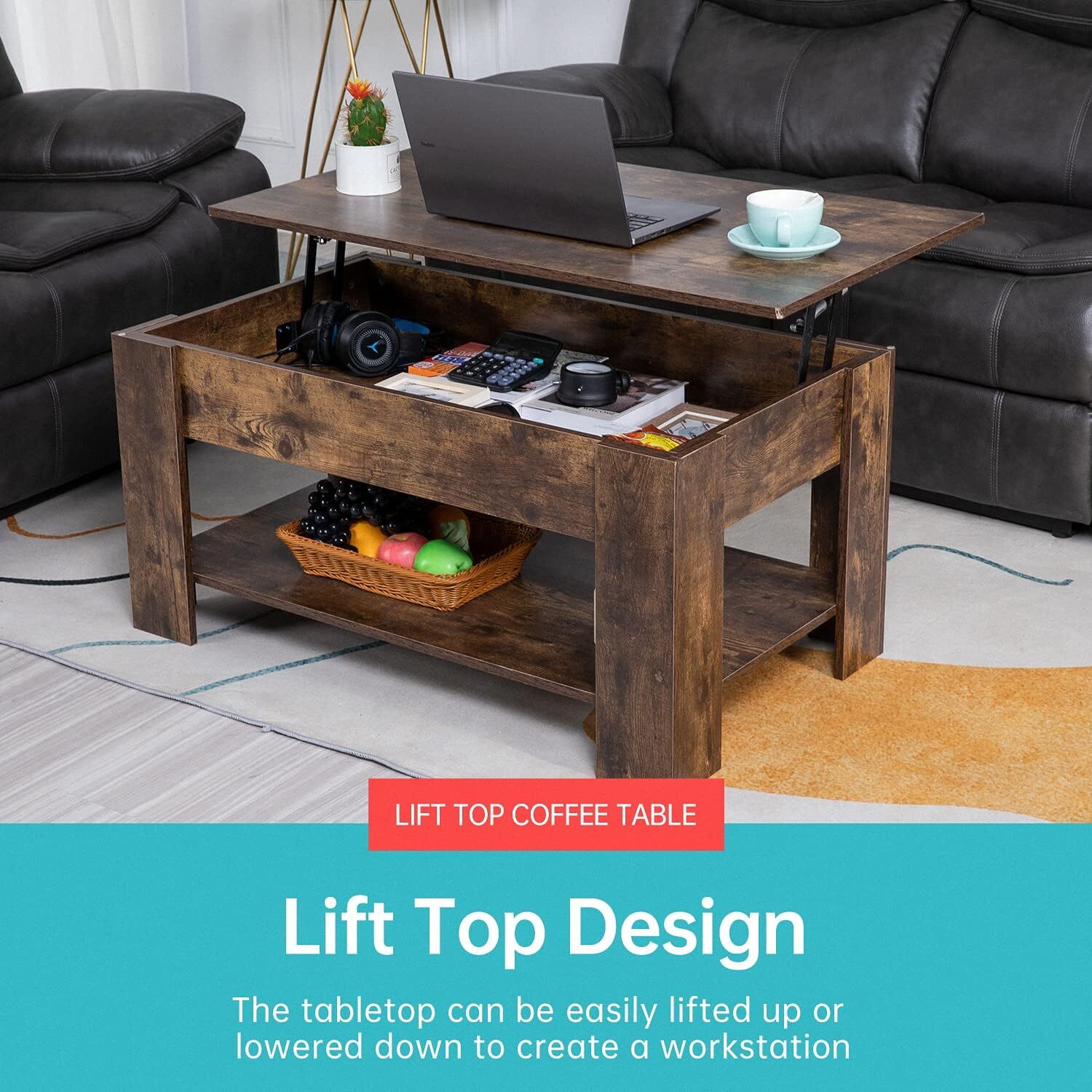 Lift-Top Coffee Table with Hidden Compartment & Storage Shelf for Living Room