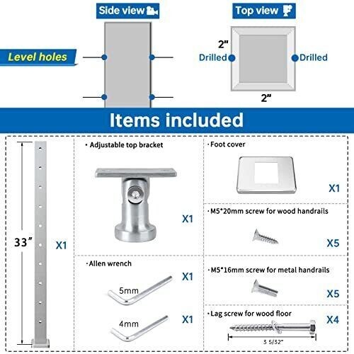 Muzata Level drilled Cable Railing Post 36"x2"x2" Adjustable Top Level Line P...