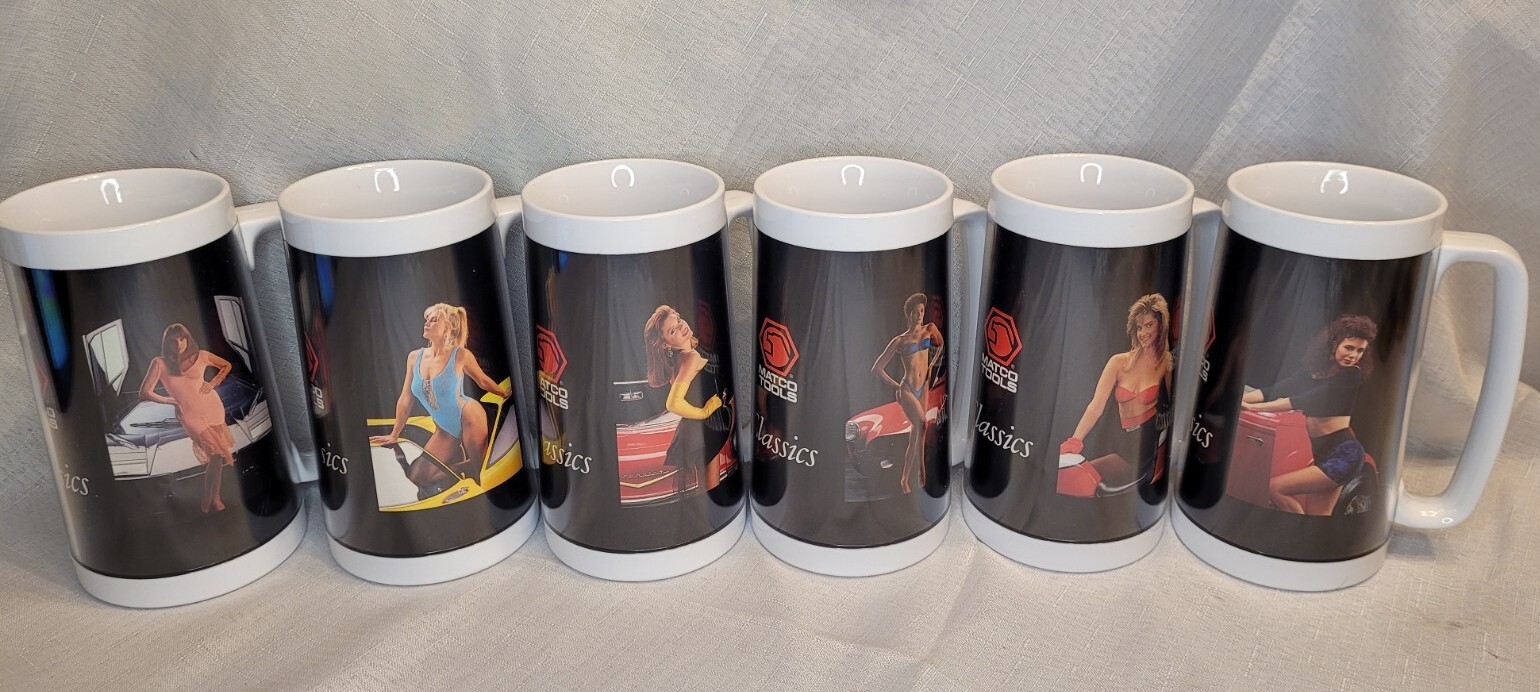 Set of 6 Matco Tools Pin-Up Girl Plastic Mugs Steins Cups Vintage