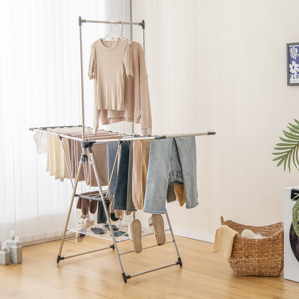 2-Layer Aluminum Foldable Drying Rack w/ Hanging Bar & 2 Height-adjustable Wings