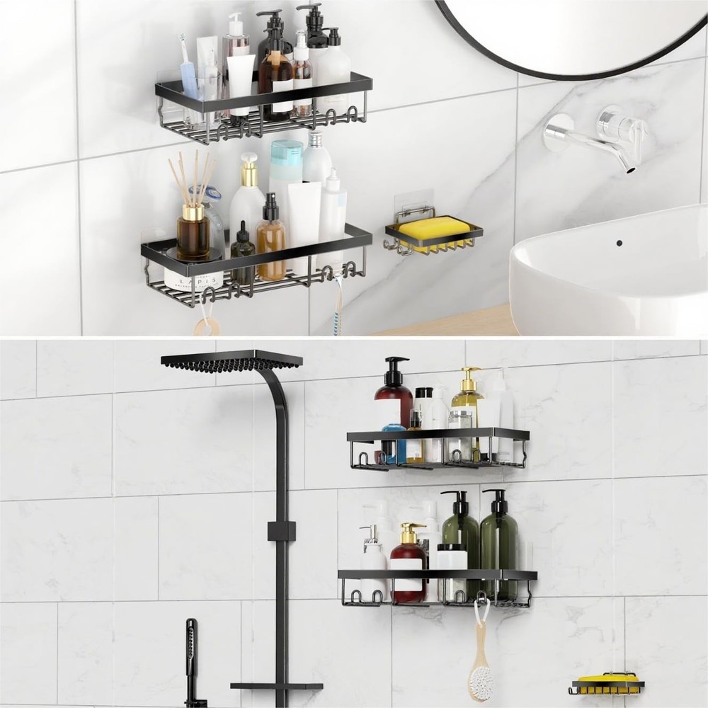 Moforoco 3-Pack Shower Caddy Basket Shelf with Soap Holder, No Drilling Black