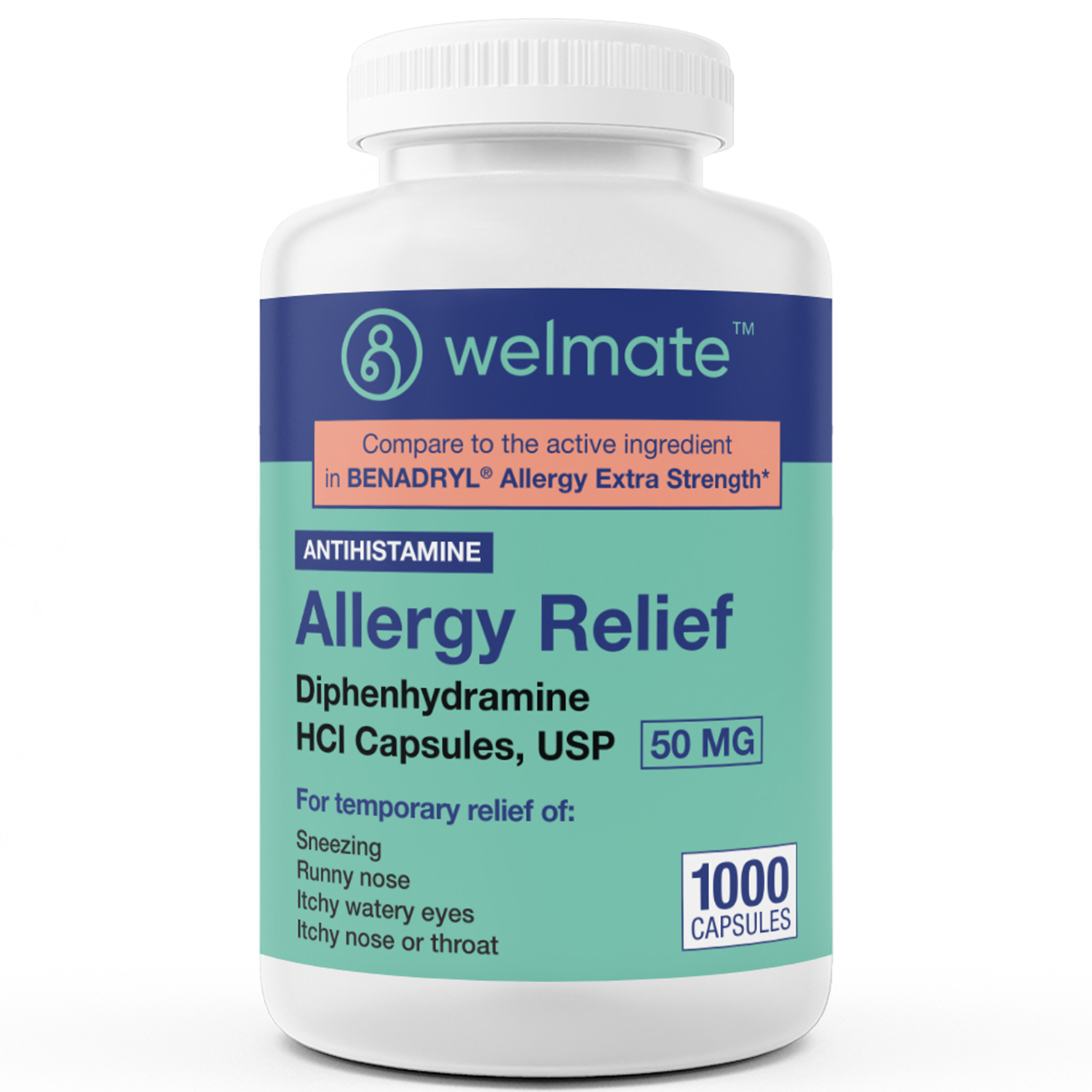 WELMATE Allergy Relief | Diphenhydramine 50 mg | 1000 Count Capsules